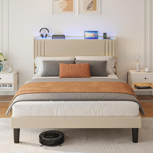 Gizoon Queen Bed Frame with Charging Station and LED Lights,Upholstered Wingback Platform Bed with Wooden Slats,Noise-Free,No Box Spring Needed