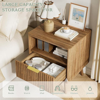 LYNSOM Fluted Dresser and Nightstand Sets 2 Piece, 1-Drawer Nightstands and 6-Drawers Dresser, Wood Bedroom Furniture Set for Home, Bedroom, Hallway, Natural Oak