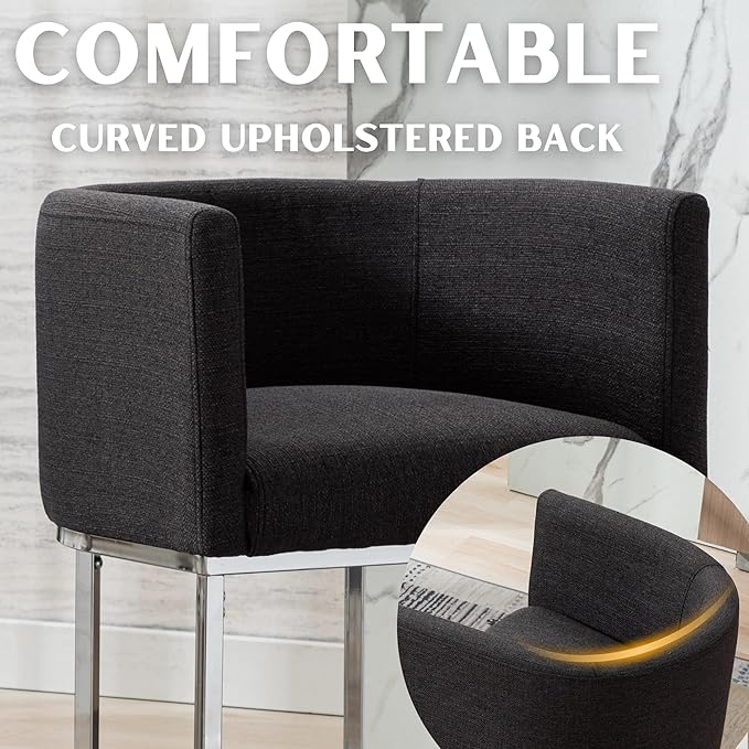 Contemporary Charcoal Linen Bar Stools Set of 3, 24" Upholstered Fabric Counter Height Barstools Kitchen Counter Island Stools with Screwed Together Chrome Finish Base