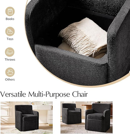 HULALA HOME Upholstered Dining Chair Set of 2 with Smooth-roling Castors, Modern Fabric Side Dining Room Chairs with Built-in Storage, Multi-Purpos Kitchen Chairs for Living Room, Black