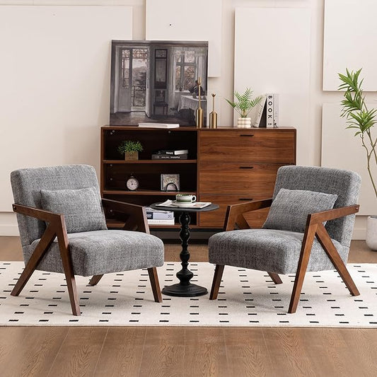 Mid-Century Modern Accent Chair Set of 2 with Solid Wood Frame，Upholstered Chenille Living Room Arm Chairs with Pillow for Bedroom, Living Room, Reading Room, Balcony, Grey