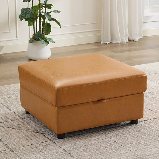 Ottoman with Storage, Faux Leather Square Storage Ottoman, Large Ottomans Foot Rest, Upholstered Foot Stools Ottomans for Modular Sectional Sofa, Coffee Table for Living Room, Brown