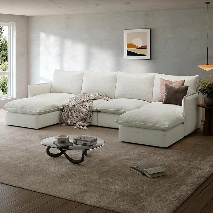 Waterproof Cloud Sectional Couches for Living Room,High Backrest Down Filled Couch,6 Seater Oversized Modular U-Shaped Sofas with Chaise,Detachable Sofa Covers,Cream White