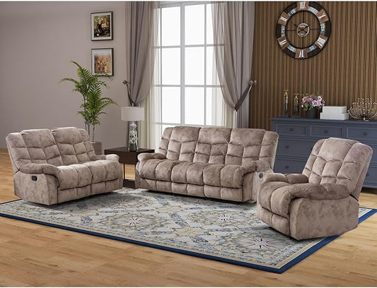 CANMOV Manual Reclining Sofa Set, 3 Pieces Recliner Sofa Set, Manual Recliner Chair, Reclining Loveseat and 3-Seat Sofa for Living Room, 3 Pieces Furniture Set, Light Brown (1+2+3)