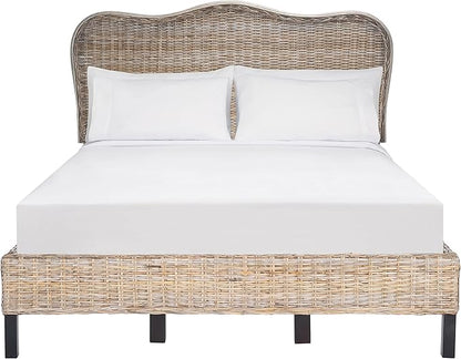 SAFAVIEH Home Collection Daejon Coastal Rattan Legs Camelback Headboard Queen Size Bed BED8001A-Q, Grey/Espresso