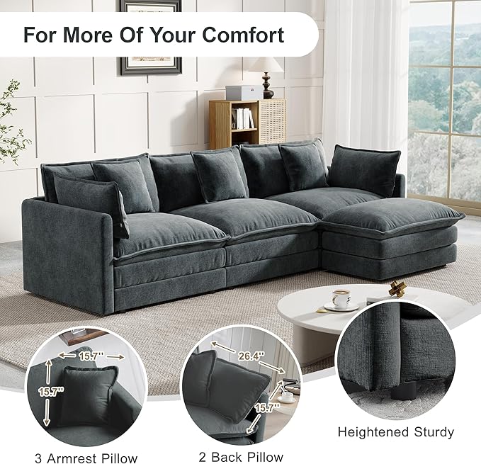 Modular Sectional Sofa, 111.5 Inch L-Shaped Cloud Sofa with Deep Seat Chenille Sofa with Cushions, Three-Self Sectional Sofa for Living Room Apartment,Gray