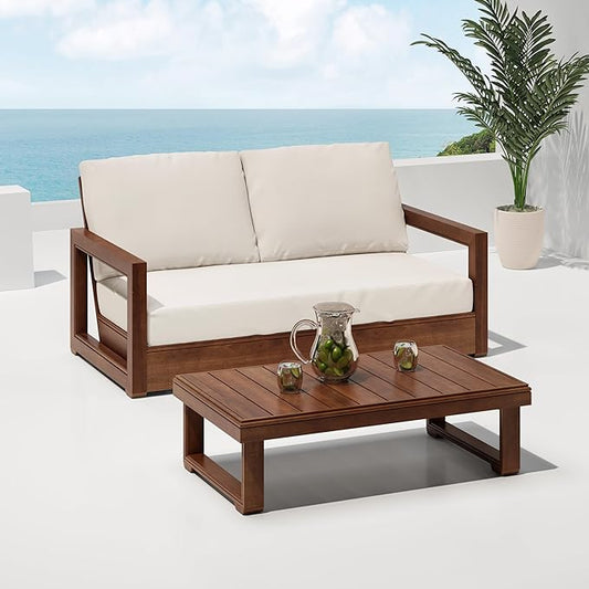 Christopher Knight Home Rammus 2 Pieces Outdoor Conversation Set, Acacia Wood Chat Set, Rectangular Coffee Table and Patio Loveseat Sofa, Slat Design Patio Furniture Set for Garden, Beige + Mocha
