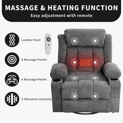 Rocking Recliner Chair with Heat and Massage, Nursery Recliner 360° Swivel Oversized Chairs for Adults, Lazy Boy Single Sofa Seat with 3 Positions, 2 Side Pockets, Cup Holders, and USB Ports, Grey