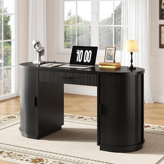 ONBRILL 58" Fluted Executive Desk with Storage, Home Office Desk with Drawers, Wood Computer Writing Desks with Charging Station for Study Living Room Bedroom Work Black