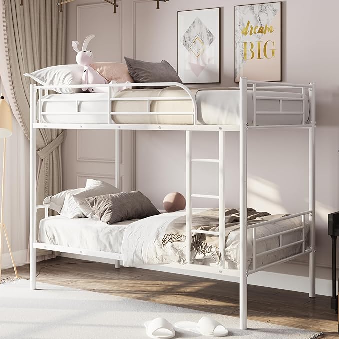 Merax Metal Bunk Bed, Bunk Bed with Ladder and high Guardrail, Able to Split, Under Bed Storage Space, Noise Free, Twin Over Twin Size, White