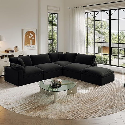 Cloud Modular Sectional Sofa,143" Down Filled Sofa 4 Seat with Chaise,Minimalist Sofa Cover Washable and Replaceable Couches for Living Room,Sectional Sofa Deep Seat Black