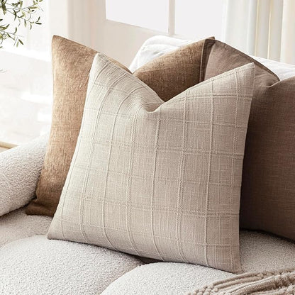 Foindtower Set of 2 Decorative Linen Check Throw Pillow Covers Neutral Farmhouse Vintage Cushion Covers Modern Boho Home Decor for Sofa Chair Couch Bedroom Living Room,24×24 Inch,Natural Linen