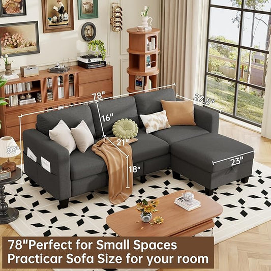 ZeeFu Sectional and Sofa Couches for Living Room - 78'' 3 Seater L-Shaped Modular Couch with Storage Ottoman - Modern Velevt Fabric Upholstered Sofa Set for Small Space Apartment Office