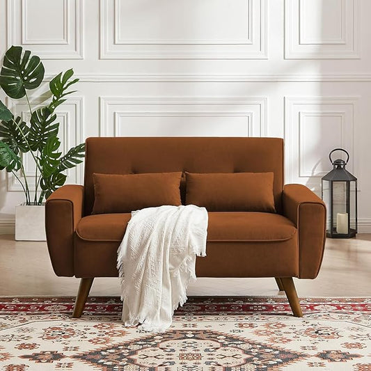 48.8" Small Loveseat Sofa, Mid Century Modern Love Seat Couch with Back Cushions and Plastic Legs, 2 Seater Couches for Living Room, Bedroom, Small Spaces, Orange