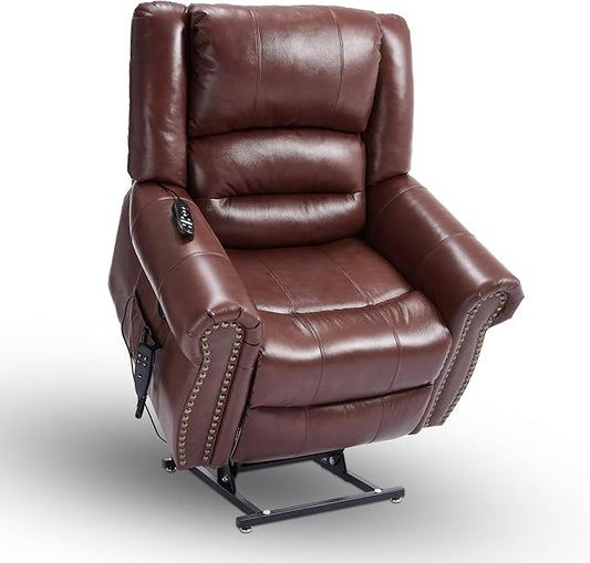 Luxlen Power Lift Recliner Chair for Elderly, Dual Motor Massage Recliner with Lumbar Heat, Heavy Duty Motion Mechanism Lift Chair with Charge Ports, Genuine Leather - Red