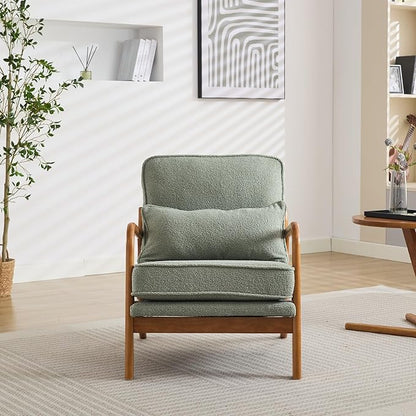 Mid-Century Accent Chair Set of 2,Sherpa Fabric Lounge Chair with Wide Armrest,Sherpa Fabric Armchair with Lumbar Pillow & Solid Wood Frame for Living Room, Bedroom, Balcony (Green)