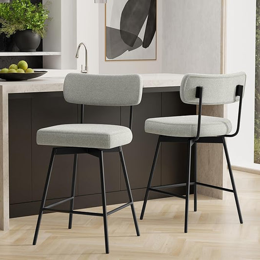 SIMPLIHOME Giselle Counter Stools (Set of 2) - 24 Inch Seat Height Swivel Upholstered Metal Kitchen Stools in Light Grey Polyester Linen, Contemporary Modern Seating with Padded Seat and Backrest