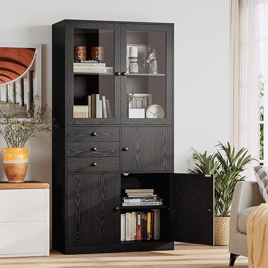 IRONCK Bookcase with Doors, Bookcases and Bookshelves with Drawers, 5 Tier Book Shelf with Acrylic Doors, Display Shelf for Living Room, Home Office, Study, Black
