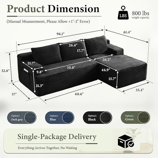 96''Sectional Couches for Living Room,Modern Modular Sectional Sofa,Upholstered Boneless Couch with Pockets,Comfy Cloud Couch with L Shaped Chaise(Black, 96''W Right Facing Chaise)
