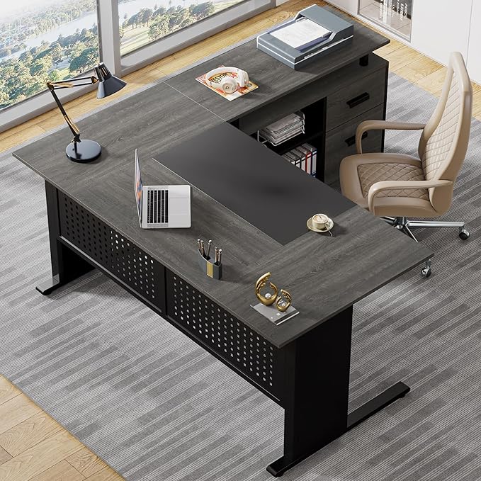 LITTLE TREE Large Computer Desk with File Cabinet, 63 Inch Executive Desk L Shaped Office Desk with Drawers and Storage Shelves, Business Furniture Desk Workstation for Home Office
