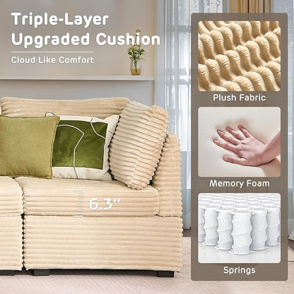 98" Modular Sectional Sofa with Swivel Chairs, Modern Cloud Couch Plush Corduroy 3 Seater Deep Seat Sofas Set & Accent Armchair Set of 2 for Living Room, Beige