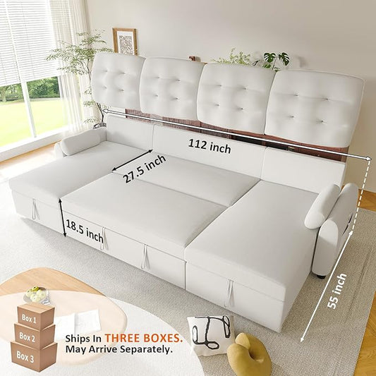 Ucloveria Sleeper Sofa Bed, 112" U Shaped Sectional Sofa Couches for Living Room, Pull Out Couch Bed with Dual Reversible Storage Chaise | Charging Station | Side Pockets | Removable Backrest