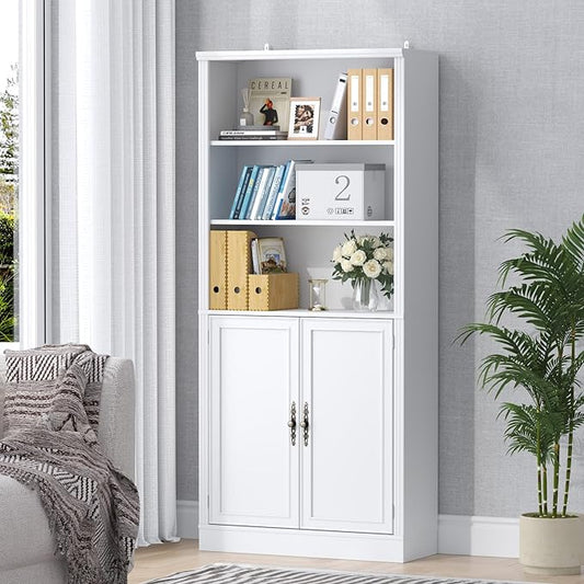 72'' Tall Bookcase with Doors, Adjustable Shelves, P2 MDF Construction, 32'' Wide Freestanding Cabinet with Metal Handles, Hidden Storage for Living Room, Bedroom, White