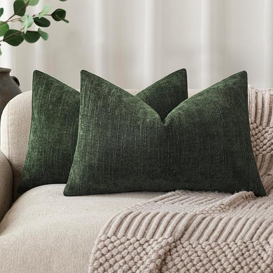 Foindtower Pack of 2 Textured Chenille Throw Decorative Pillow Covers Square Accent Solid Cushion Cover Neutral Farmhouse Lumbar Pillow Case for Couch Sofa Bedroom Living Room 12x20 Inch,Dark Green