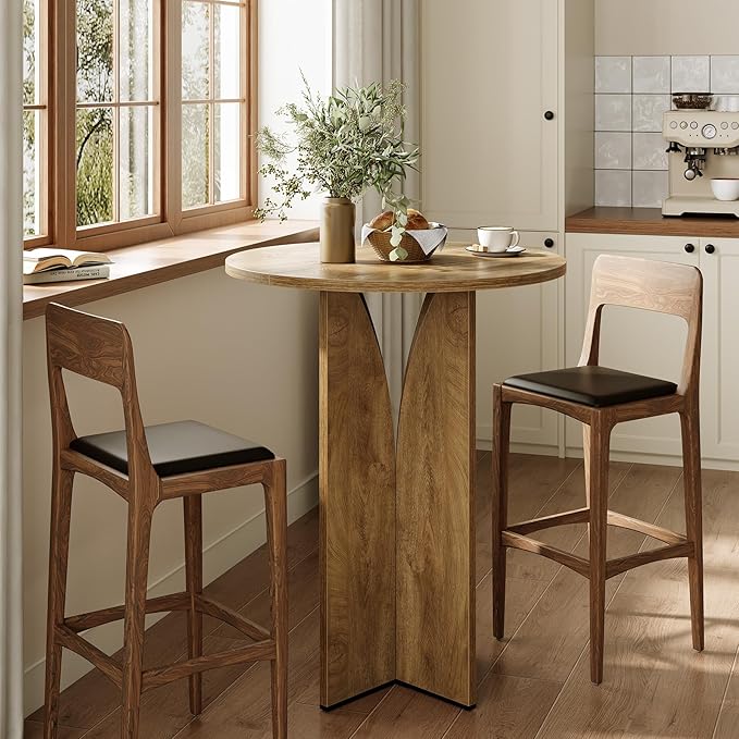 LITTLE TREE Round Bar Table, 31.5 Inches Counter Height Cocktail Table, Wooden High Top Home Bar Unit for Pub, Bistro, Home, Kitchen, Dining Room, Small Space, Brown