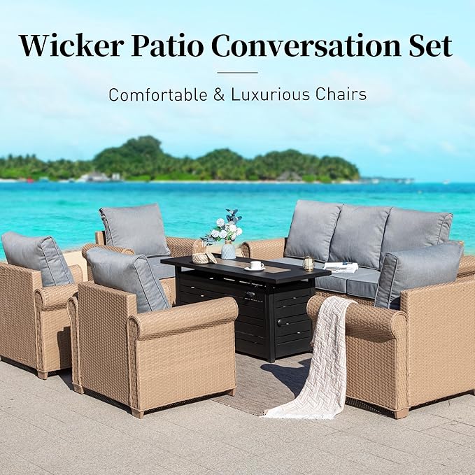 Patio Furniture Set 6 pcs, Wicker Rattan Outdoor Furniture with 5.5” Thick Cushions, 3-Seat Sofa, 2 Chairs, 2 Ottomans and Coffee Table, Outdoor Conversation Set for Garden Backyard Deck, 7 Seats Grey