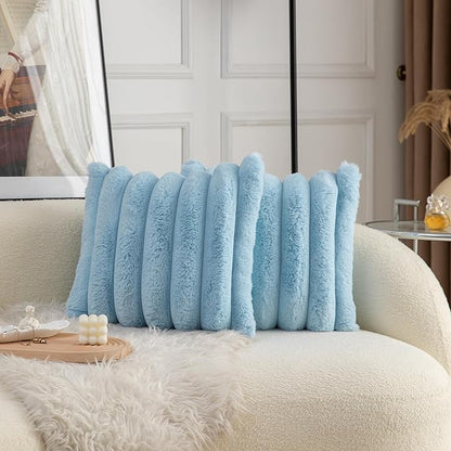 Neelvin Blue Faux Fur Cozy Soft Striped Decorative Throw Pillow Covers 26x26 inch Set of 2,Velvet Pillowcase Cushion Case for Sofa Couch