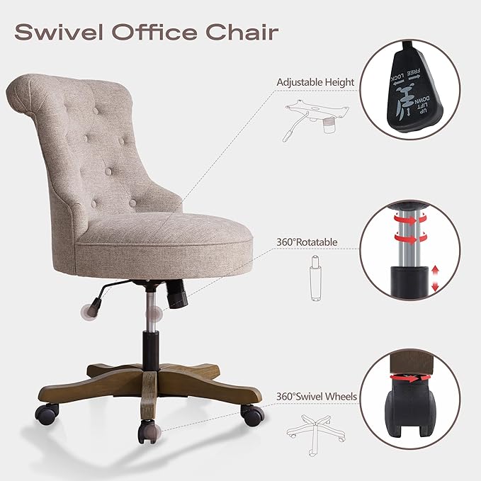 Home Office Chair Adjustable Height Swivel Chair with Wheels Linen Fabric Upholstered Computer Desk Chair with Wooden Legs Comfortable Armless Chair for Home Office Study Studio(Khaki)