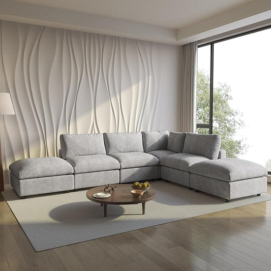 Cloud Sectional Couches for Living Room,134" Convertible L Shaped Couch with Ottoman, 6 Seater Modular Sectional Sofa,Deep Seater Furniture Sets