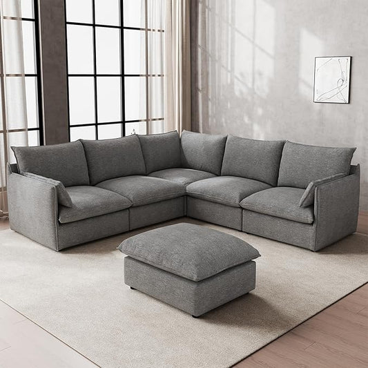 Waterproof Cloud Sectional Couches for Living Room,High Backrest Down Filled Couch,6 Seater Oversized Modular U-Shaped Sofas with Ottoman,Detachable Sofa Covers,Dark Grey