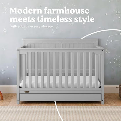 Graco Hadley 5-in-1 Convertible Crib with Drawer (Pebble Gray) – GREENGUARD Gold Certified, Crib with Drawer Combo, Full-Size Nursery Storage Drawer, Converts to Toddler Bed, Daybed