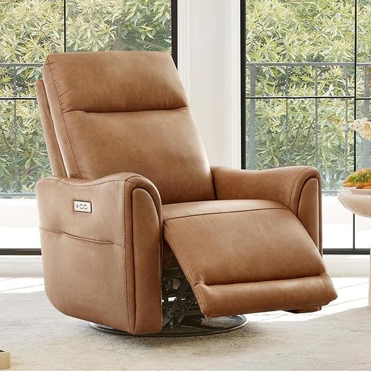Watson & Whitely Power Swivel Rocker Recliner, Reclining Chair with Memory Foam for Living Room, Faux Leather RC011 (Camel)