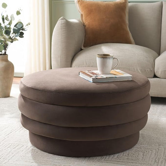 SAFAVIEH Home Collection Rohan Chocolate Brown Velvet Layered Stacked Cocktail Ottoman (Fully Assembled)