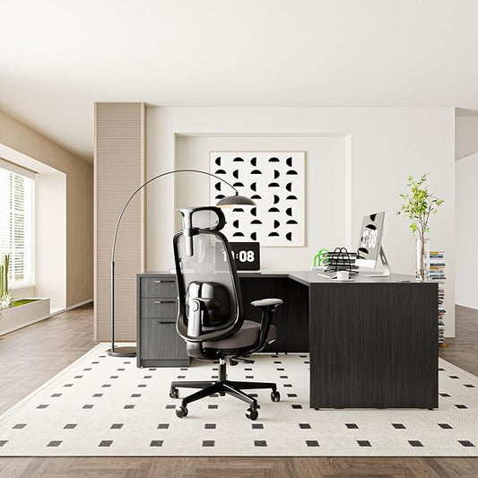 82.67" x 66.93" Bow Front L-Shaped Executive Desk with 3-Drawer File Cabinet (Gray)