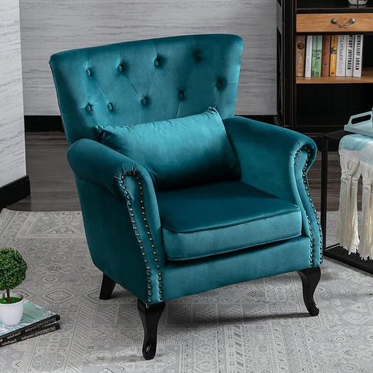 Accent Reading Arm Chairs for Living Room Bedroom, Midcentury Modern Comfy Corner Sofa Chair, Wingback Waiting Room Club Chair with Button Tufted Back &Lumbar Pillow, Velvet Teal