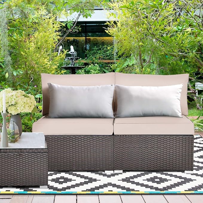COSTWAY 2PCS PE Rattan Armless Sofa, Wicker Patio Conversation Set Chairs with Soft Cushion, Outdoor Sectional Furniture for Yard, Poolside (Beige)