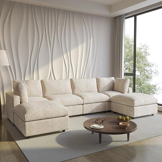 WJShome Cloud Couch Modular Sectional Sofa, 134" U Shaped Couch for Livingroom, Oversized Convertible Wide Seater with 2 Ottomans Living Room Set, Covers Washable&Replaceable,Khkai