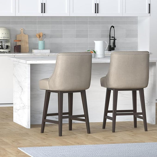 CHITA Counter Height Swivel Bar Stools Set of 2, FSC Certified Upholstered Counter Stools, Modern Swivel Barstools with Wood Legs for Kitchen Island, 26" Seat Height, Fabric in Tan