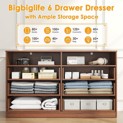 Bigbiglife 6 Drawers Dresser for Bedroom Wooden Drawer with Open Storage Cubby, Double Wide Dresser Organizer for Bedroom, Living Room, Entryway, Hallway (Walnut Brown)