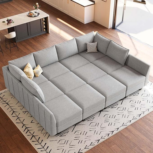 Belffin Oversized Modular Sectional Sofa Sleeper Sectional Couch with Storage Chenille Sofa Bed for Living Room, 12 Seats, Light Grey