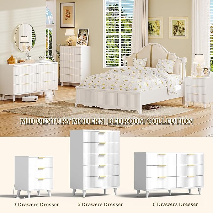 Lulive Wood 3 Drawers Dresser Fluted Night Stand with Charging Station, White Storage Nightstand Modern Side Table, Bedside Table for Bedroom, Entryway White