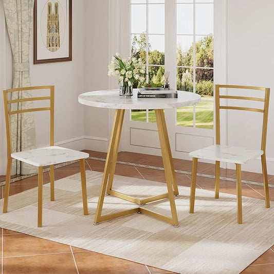 VECELO Small Round Dining Table Set for 2, Wood Tabletop with Strong Metal Frame, Modern Dinette with Chairs for Kitchen, Breakfast Nook Living Room, White & Gold