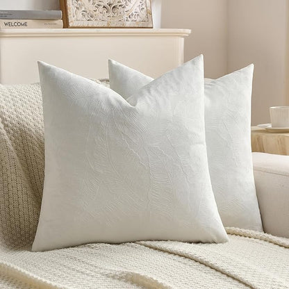 FUTEI Cream Velvet Throw Pillow Covers 24x24 Inch Set of 2,Soft Embossed Leaf-Relief Textured European Cushion Cases,Natural Home Decor for Couch Living Room