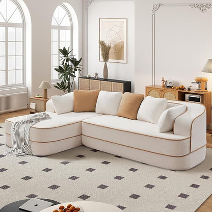 Cloud Sectional Sofa Modern Boneless Couch for Living Room, Comfy Deep Seat Comfy Teddy Fabric Double Sofa Chaise No Assembly Required (White, 106" L Shape with Left Facing)