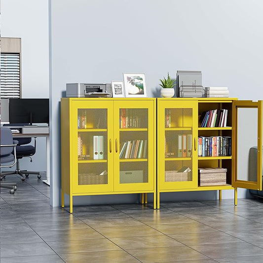 Metal Storage Cabinet with Mesh Doors,Steel Display Cabinet with Adjustable Shelves,Metal Office Storage Locker for Home Office,Garage(Yellow, 40''H)