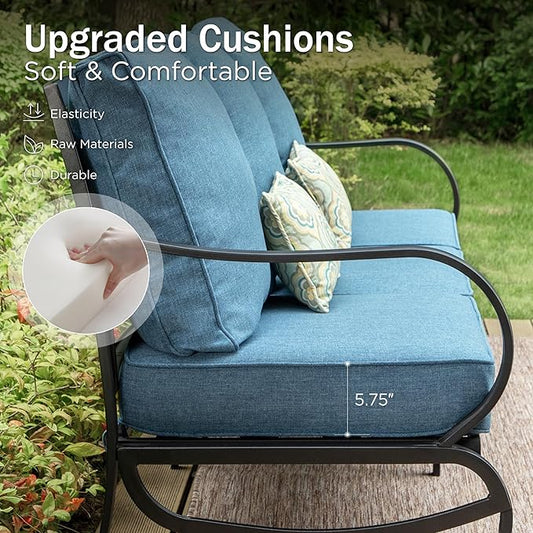 PHI VILLA 5 PCS Patio Furniture Set,Metal Deluxe Patio Set with 1 x 3 Seater Deep Seating Bench, 2 x Swivel Sofa Chairs & 2 x Metal Cushioned Ottoman, Outdoor Patio Set for Garden, Navy Blue